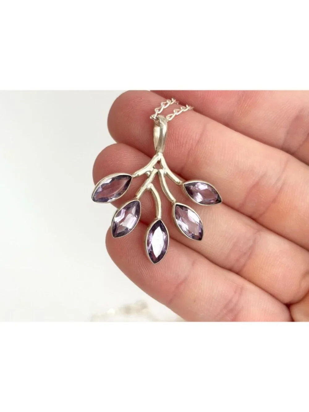 Amethyst Branched Leaves Sterling Silver 925 Vintage Pendant Necklace - 18